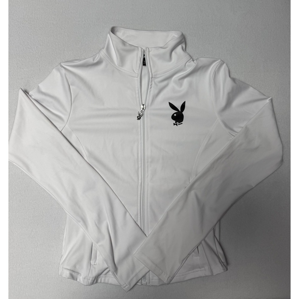 Playboy Womens White Full Zip Track Jacket Mock Neck Bunny Logo PBU86-8083 L
